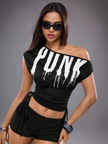 Shutterstock Y2Kool Women's Off-Shoulder Ruched Side Letter Print Crop Top, Sexy For Halloween Party, Nightclub, Back To School, Casual Street Y2K Style, Autumn Graphic Top