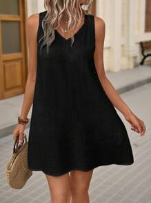 Brillora Summer Boho Solid Hollow Out Black Tank Dress