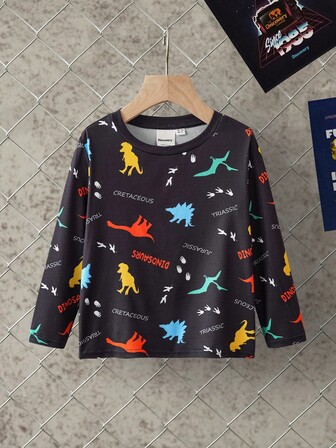 Discovery X SHEIN Young Boy Colorful Dinosaur Print Crew Neck Long Sleeve T-Shirt, Black