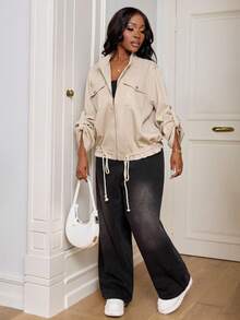 SHEIN PETITE CURVE Plus Size 4-Seasons Retro Vintage Classic Plaid Fashionable Casual Drawstring Short Women Jacket,Fall Women Curve Summer Plus Size Zip Up Jacket