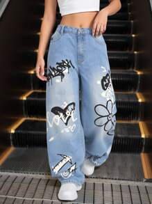 Sparklyn Denimly Girls' Y2K Bold, Avant-Garde Street Style Graphic Print Wide Leg Jeans, School Spirit All-Year Versatile Washed Comfortable Denim Fashion Item - Medium Wash - View 3