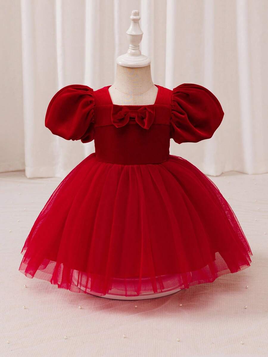 Glamorique Kids Robe de fête de Noël pour bébé fille, robe du Père Noël, robe du Nouvel An, robe de princesse en velours et tulle à manches bouffantes avec nœud papillon pour jeune fille, convient pour Noël, Halloween, représentations sur scène, Moyen-Orient, occasions formelles, toutes saisons, robe de Noël - Rouge - Voir 1