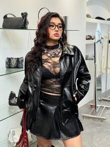 SHEIN EZwear Plus Drop Shoulder Zip Up PU Leather Jacket Winter Fall Autumn - Black - View 3