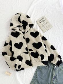 SHEIN Serisse Kids Kurtka z polaru dla dziewczynek w kształcie serca, z kapturem i zamkiem błyskawicznym, idealna na jesień/zimę, idealna na zewnątrz i do szkoły