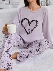 RueChic 100% Cotton 2Pcs  Contrast Colour Heart Printed PJ Set - Lilac Purple - View 6