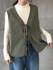 FRIFUL Chaqueta sin mangas de unicolor y textura con chaleco con lazo para mujer