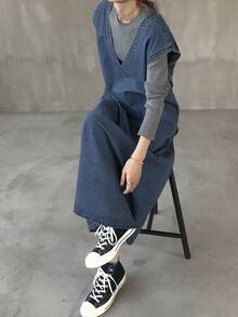 FRIFUL 女式休闲水洗无袖长款牛仔连衣裙 - 藍色 - 查看 5