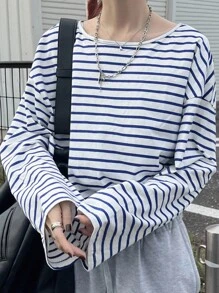FRIFUL 女式超大圆领落肩长袖条纹休闲T恤，百搭秋季 - 藍色 - 查看 1