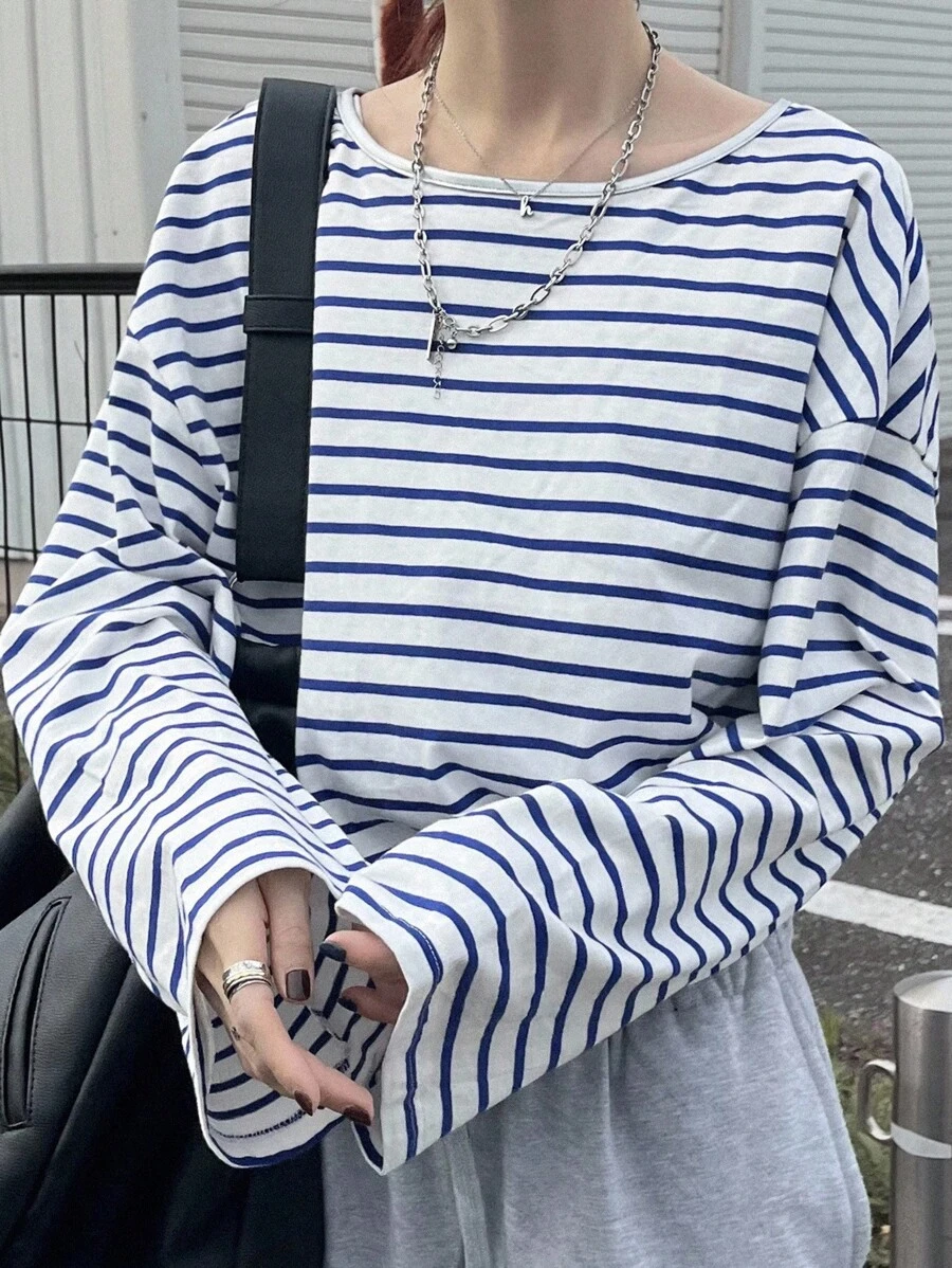 FRIFUL 女式超大圆领落肩长袖条纹休闲T恤，百搭秋季 - 藍色 - 查看 1
