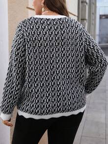EMERY ROSE Plus Size Women Contrast Color Knitted Long Sleeve Cardigan Winter Fall Autumn - Black and White - View 2