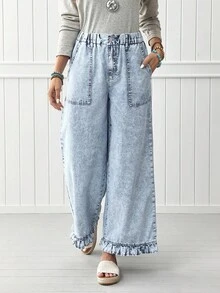 EMERY ROSE Quần Jeans Ống Rộng Có Lưng Thun Co Giãn Và Viền Xếp Ly Cho Nữ - Rửa nhẹ - Xem 4