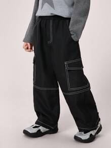 Kids Boys' Casual Everyday Comfortable Patch Pocket Contrast Color Loose Straight Leg Cargo Pants, Suitable For School, Garden, Beach, Birthday, Spring, Summer, Fall, Winter Seasons, Black Jeans, Cargo Pants, Baggy Jeans, Boys Clothes, School Clothes, Baggy Pants, Khaki Pants, Wide Leg Pants