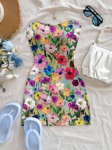 Dreamara Plus Size Women Retro Floral Print Mini Dress, Casual Vacation Style, Suitable For Beach, Summer,Corset Dress For Women,Summer Dresses For Women Chic Dress - Multicolor - View 4