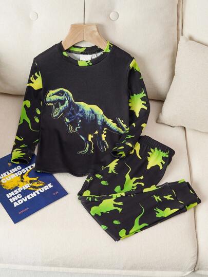 Discovery X SHEIN 2 pièces/Set Pyjama à manches longues avec imprimé dinosaure phosphorescent et pantalon pour jeune garçon, automne/hiver