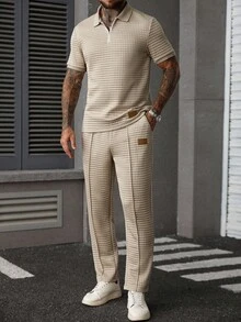 Manfinity CasualCool Men's Summer Casual Commuter Embellished Textured Fabric Half-Zip Polo Shirt And Seam Front Pants Set, Men 2 Pieces Outfit, Old Money Style, Cozy Outfits