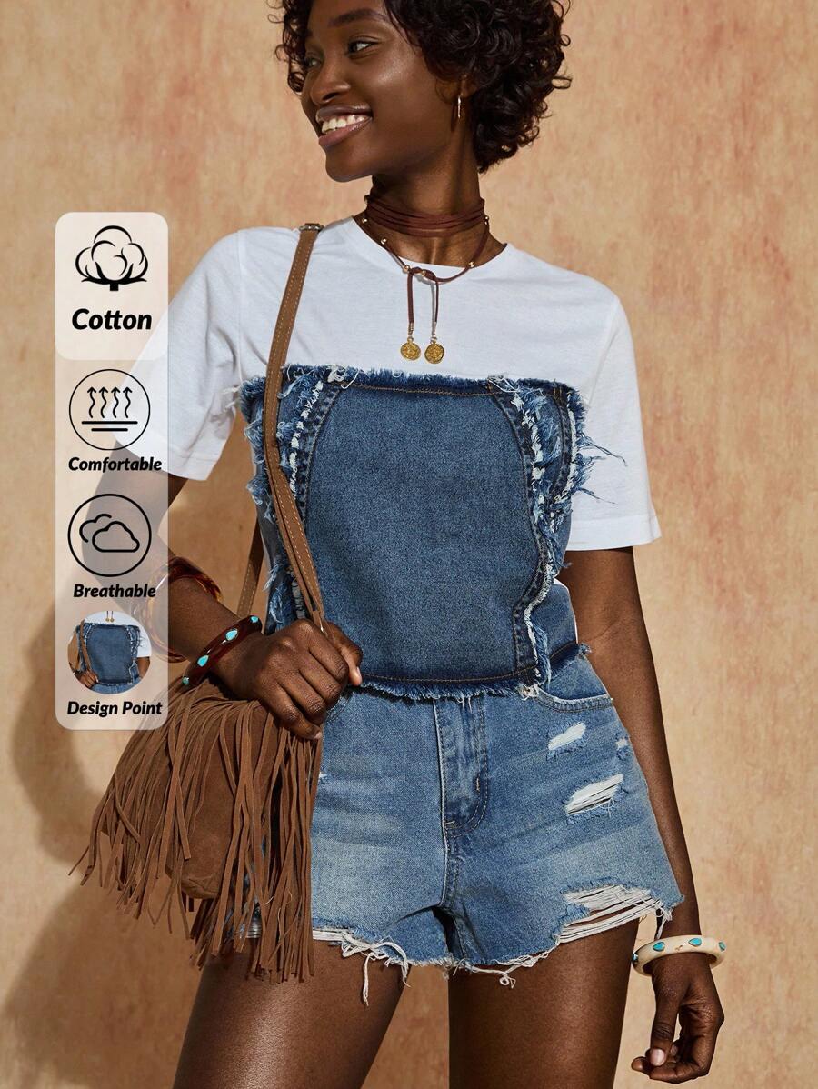 Bóhologie Áo thun denim chi tiết corset, áo thun hở ngực, phong cách đường phố Y2K, áo mùa hè thường ngày, kiểu dáng crop - Nhiều màu - Xem 1