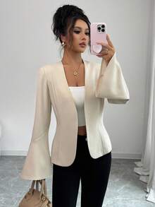 Elenzga Sacou elegant pentru femei, business, casual, culoare solidă, cu mâneci evazate, ușor, colecție nouă de primăvară-toamnă, potrivit pentru primăvară, toamnă, iarnă, ținute de birou, petreceri, naveta zilnică, doamne de toamnă - Caisă - Vizualizare 1