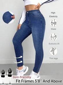 SHEIN Tall CURVE 大码女式休闲高腰弹力紧身蓝色牛仔裤 - 中等水洗藍 - 查看 1