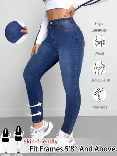 SHEIN Tall CURVE Plus Size Women Casual High Waist Elastic Skinny Blue Denim Jeans Skinny Jeans Plus Size Plus Size Skinny Jeans High Waisted Skinny Jeans Tummy Control Jeans,Fall Clothes For Women