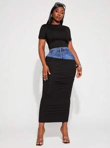 SHEIN SXY Set elegante, glamour e sexy da 2 pezzi in stile minimalista per donna, in effetto jeans con stampa patchwork, adatto per uso quotidiano, festival musicali, concerti, carnevale, vacanze al mare, appuntamenti, compleanni, addio al nubilato, discoteche, casual, shopping, uscite, facile da abbinare e snellente, che valorizza la figura.