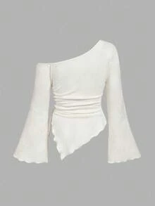 SHEIN MOD 大码女式杏色提花纹理喇叭袖 T 恤、抽绳不对称下摆喇叭袖 T 恤、露肩 T 恤、秋季休闲舒适 T 恤 - 杏色 - 查看 5