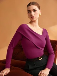 SHEIN BIZwear 不对称肩部设计，梅红色上衣，优雅百搭，适合都市商务休闲、办公室、约会、派对、乡村音乐节、婚礼宾客、生日、万圣节、圣诞节等场合，是女士必备单品。 - 紫色 - 查看 5