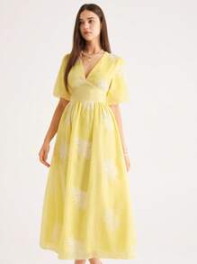 EMERY ROSE New Elegant Apricot Embroidered V-Neck Short Sleeve Dress, Spring/Summer - Yellow - View 5
