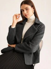 GENKIRA 宽松欧美ins风灰色翻领长袖短款宽松双排扣大衣 - 深灰色 - 查看 2