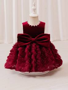 Glamorique Kids 3D Rose Embroidered Dress For Baby Girls, Christmas & Halloween, Bowknot & Beaded Decor, Children's Party & Performance Outfit,Christmas Dress Fall Winter