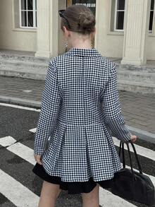 Tween Girl Houndstooth Jacquard Double-Breasted Pleated Blazer, Minimalist For Commuting, Fashionable Casual, Suitable For Daily Commute, Leisure, Back To School, Vacation In Autumn/Winter - Black and White - View 2