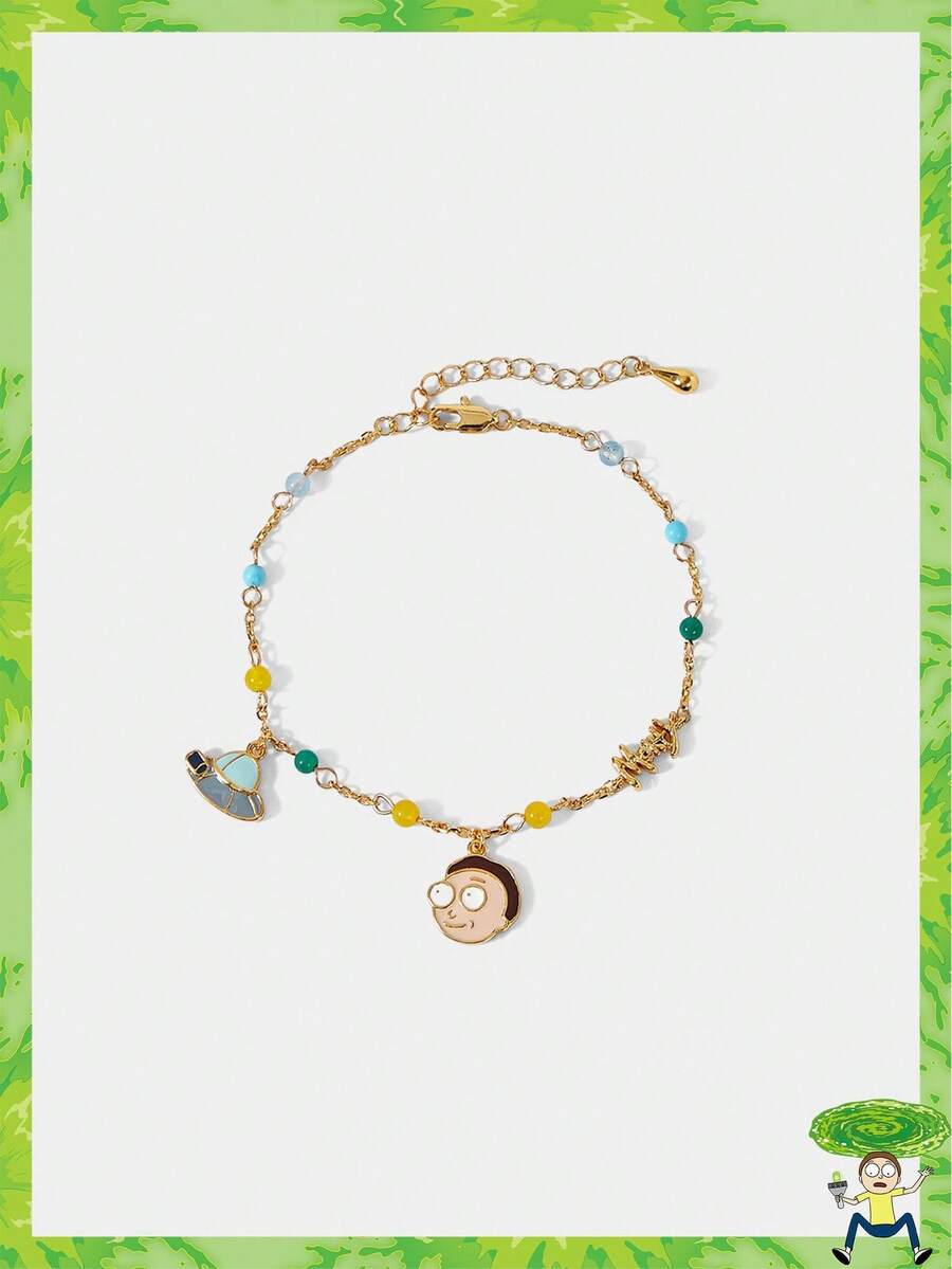 Rick and Morty X SHEIN Collar dorado con cuentas con personaje de dibujos animados y nave espacial