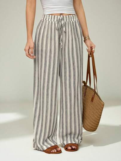 SHEIN PETITE Women's Vacation Casual Striped Straight Leg Pants Beach Pants