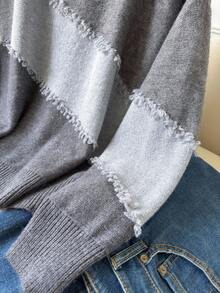 CosyJoli Suéter de cuello redondo informal de talla grande con bloque de color, bigote de gato y flecos - Gris - Ver 4