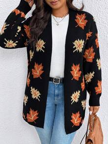 EMERY ROSE 加大码女式宽松枫叶针织开衫，长袖 - 彩色 - 查看 6