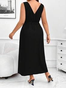 Rometta Đầm Maxi Không Tay Cổ Chữ V Màu Trơn Mùa Hè Cho Nữ Cỡ Lớn, Trang Phục Nữ - màu đen - Xem 2