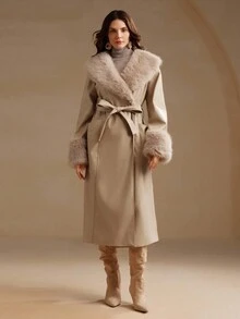 Anewsta Navy Blue Faux Leather Oversized Collar Women's Leather Jacket With Fox Fur Cuffs, Long Coat, Suitable For Autumn, Fall, Winter, Going Out, Elegant, Formal, Chic, New Year, Christmas, Work, Graduation