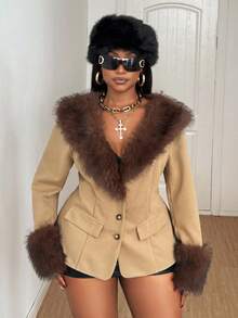 Maweii 2025 Plus Size Women's Elegant Date Night Fashion Dramatic Fur Collar Decor Chic Overcoat, Autumn/Winter Fall