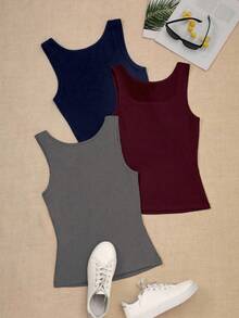 SHEIN PETITE 女士夏季方领休闲纯色上衣组合图案T恤女式上衣 - 彩色 - 查看 2