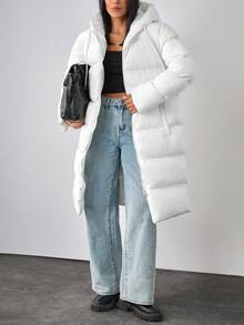 EURMUSE Damska długa biała kurtka puchowa z kapturem, swobodna odzież wierzchnia zapinana na zamek błyskawiczny - Biały - Zobacz 5