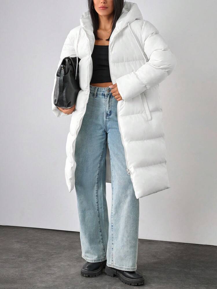 EURMUSE 女式长款白色连帽羽绒夹克，休闲拉链外套 - 白色 - 查看 5