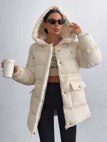 EURMUSE Women's Solid Inner Drawstring Patch Pocket Elegant Winter Coat - Beige - View 4