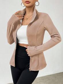 SHEIN Unity Casual Solid Color Thermal Lined Slim Fit Jacket, Autumn/Winter Fall Cloth For Women - Khaki - View 3