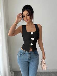 Elenzga 女士时尚法式 3D 花卉无袖背心，宽肩带方领短款修身吊带背心 - 黑色 - 查看 3