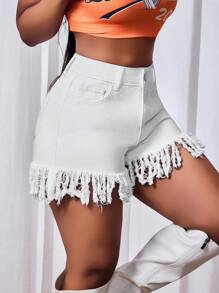 Slaydiva Pantaloncini di jeans casual da donna con orlo a frange, colore tinta unita, estivi