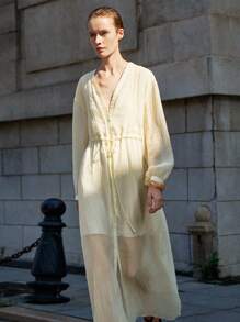 Lumivelle 婚礼宾客礼服 秋季连衣裙 秋季女装 女士优雅休闲V领纹理面料收腰长灯笼袖连衣裙 休闲装 春季大学服装 - 杏色 - 查看 7