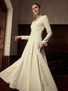 ZEYLAH Women's Elegant Solid Color V-Neck Ruched Waist Dress