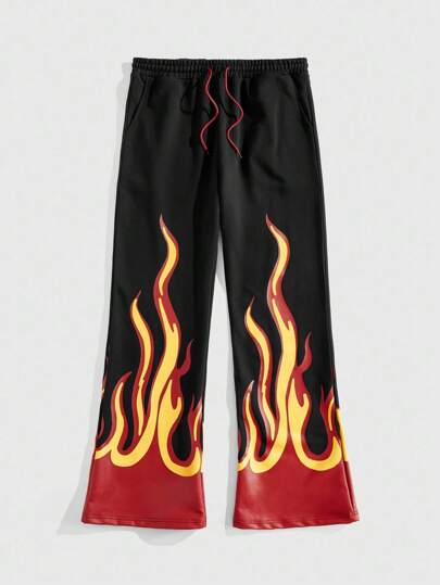 Street Life Men's Flame Print Drawstring Waist Loose Fit Wide Leg Sweatpants