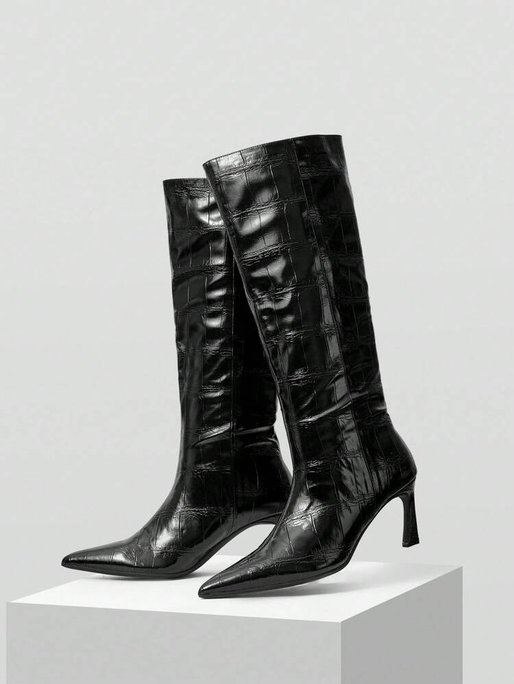 PU LEATHER LOW HEEL KNEE-HIGH BOOTS