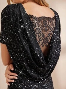 Amorya Women's Elegant Shiny Splicing Lace Collar Black T-Shirt, Suitable For Daily, Party, Afternoon Tea And Multiple Occasions, Autumn Black Glitter Top Black Sparkly Top Glitter Top Women Black Sequin Top Black Party Top Chic Autumn