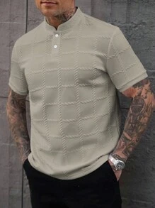 Manfinity Homme 男士休闲立领纹理纯色短袖 Polo 衫 - 卡其色 - 查看 4